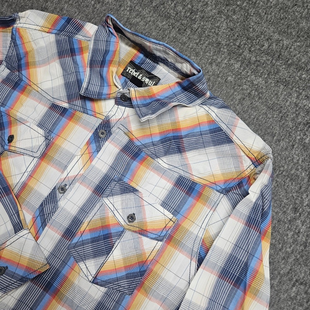 Rebel & Soul Mens XL Plaid LS Button Down Shirt Blue Orange Yellow White